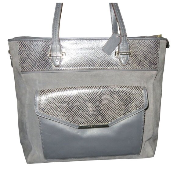 Coach 2014 Gray Mixed Suede & Snakeskin Embossed Leather Double Handle Tote - Picture 1 of 16